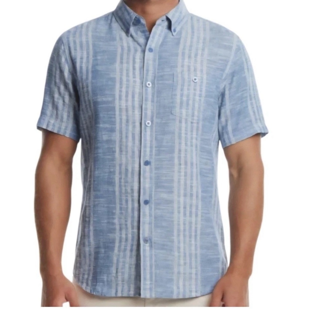 Weatherproof Vintage Mens Short Sleeve Washable Linen Woven Shirt Blue XXL